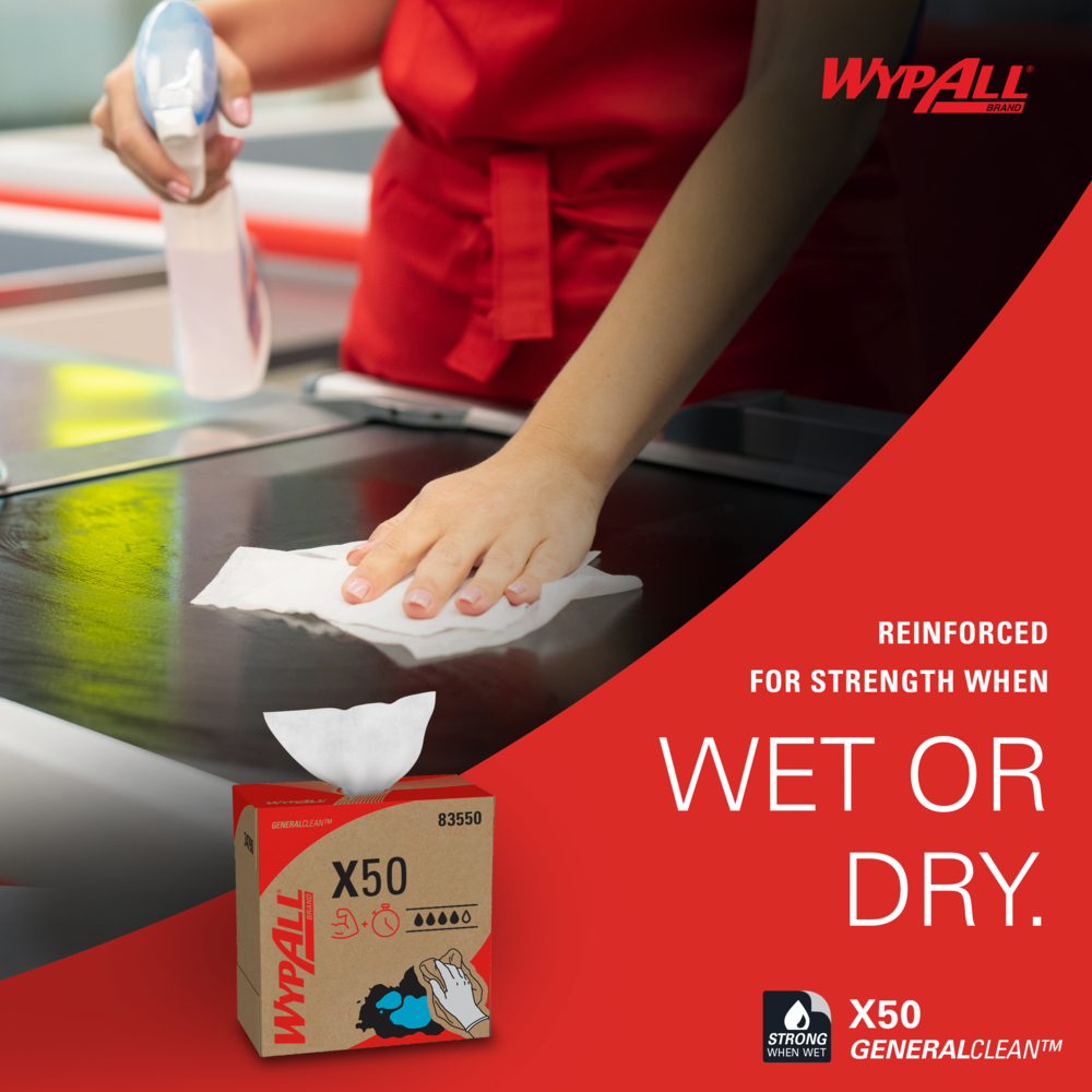 WypAll® GeneralClean™ X50 Cleaning Cloths (83550), Pop-Up Box, Strong for Extended Use, White (168 Sheets/Pack, 10 Packs/Case, 1,680 Sheets/Case) - 83550