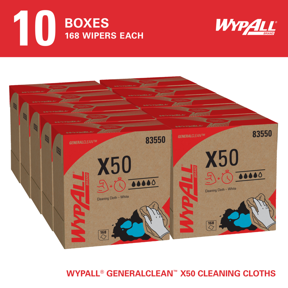 WypAll® GeneralClean™ X50 Cleaning Cloths (83550), Pop-Up Box, Strong for Extended Use, White (168 Sheets/Pack, 10 Packs/Case, 1,680 Sheets/Case) - 83550