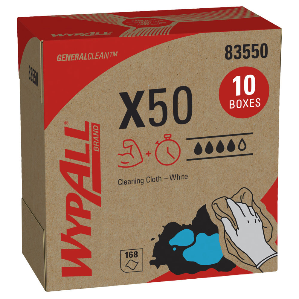 Chiffons de nettoyage WypAll® GeneralClean™ X50 (83550), boîte Pop-Up, résistants pour une utilisation prolongée, blanc (168 feuilles/paquet, 10 paquets/caisse, 1 680 feuilles/caisse) - 83550