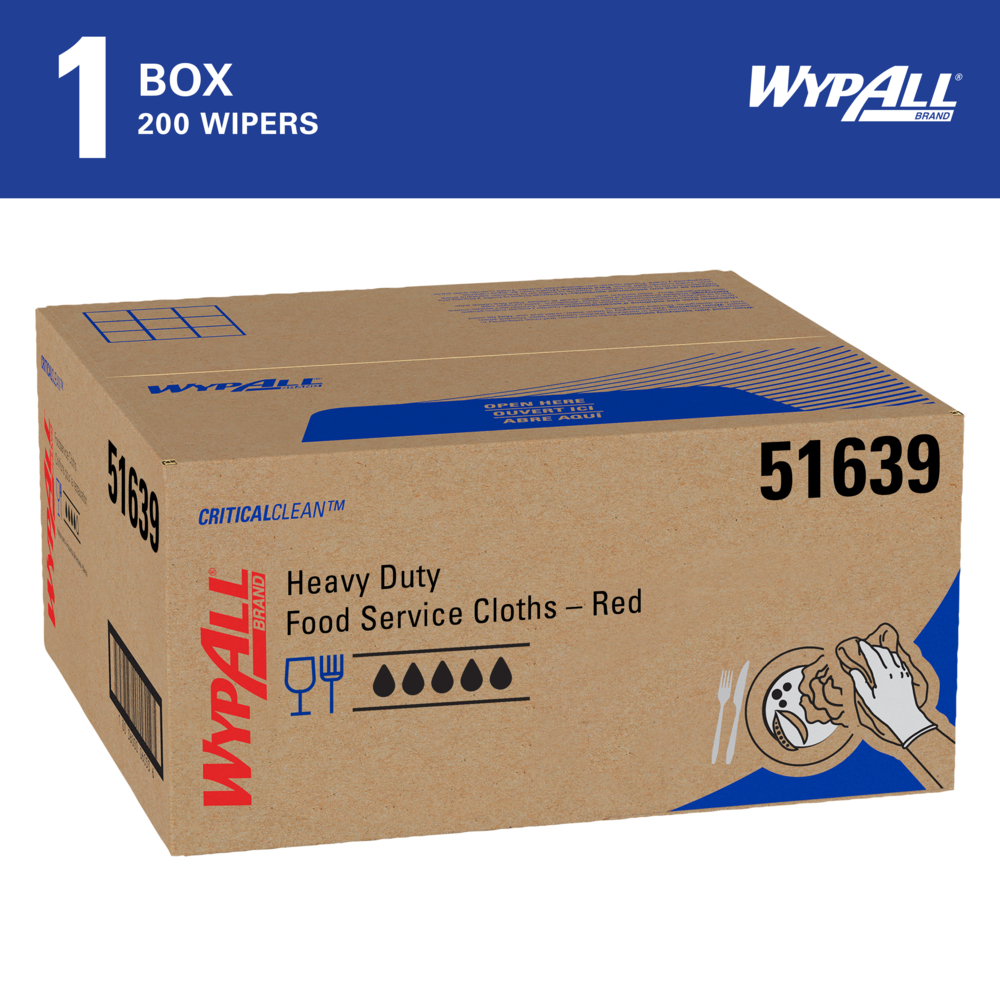 WypAll® CriticalClean™ Heavy Duty Foodservice Cloths (51639), Quarterfold, Red (200 Sheets/Box, 1 Box/Case, 1 Box/Case) - 51639