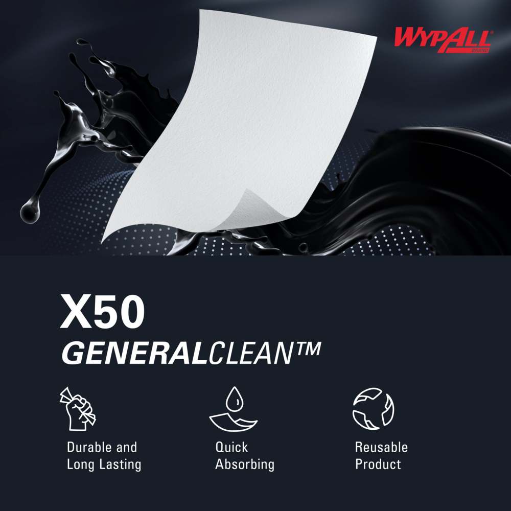 WypAll® GeneralClean™ X50 Cleaning Cloths (39005), Quarterfold, Strong for Extended Use, White (84 Sheets/Box, 12 Boxes/Case, 1,008 Sheets/Case) - 39005