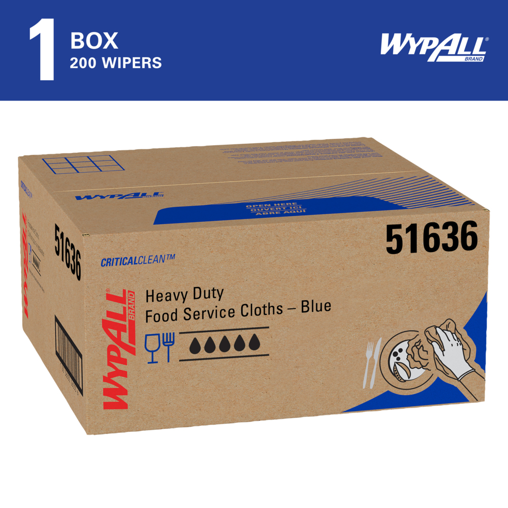 WypAll® CriticalClean™ Heavy Duty Foodservice Cloths (51636), Quarterfold, Blue (200 Sheets/Box, 1 Box/Case, 1 Box/Case) - 51636