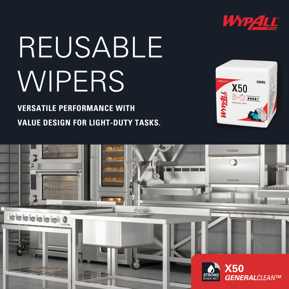 WypAll® GeneralClean™ X50 Cleaning Cloths (39005), Quarterfold, Strong for Extended Use, White (84 Sheets/Box, 12 Boxes/Case, 1,008 Sheets/Case) - 39005