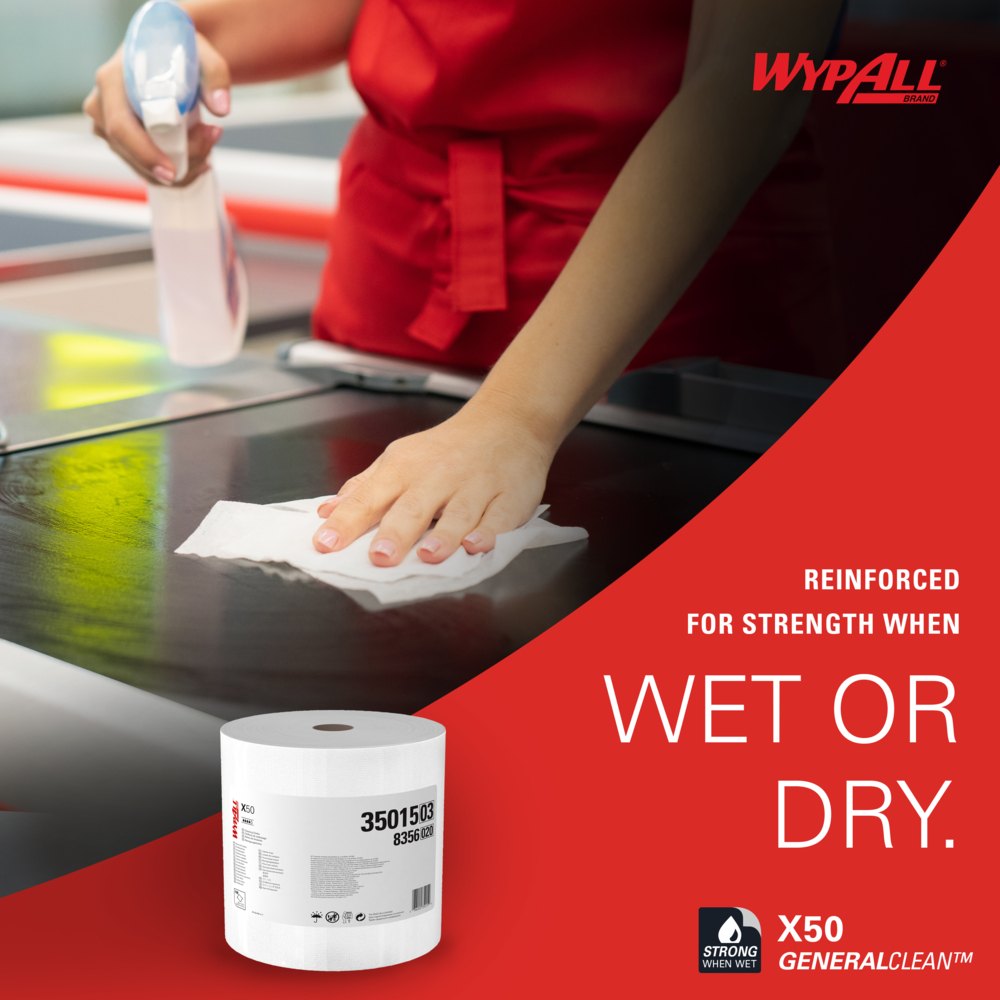 WypAll® GeneralClean™ X50 Cleaning Cloths (35015), Jumbo Roll, Strong for Extended Use, White (1,100 Sheets/Roll, 1 Rolls/Case, 1,100 Sheets/Case) - 35015