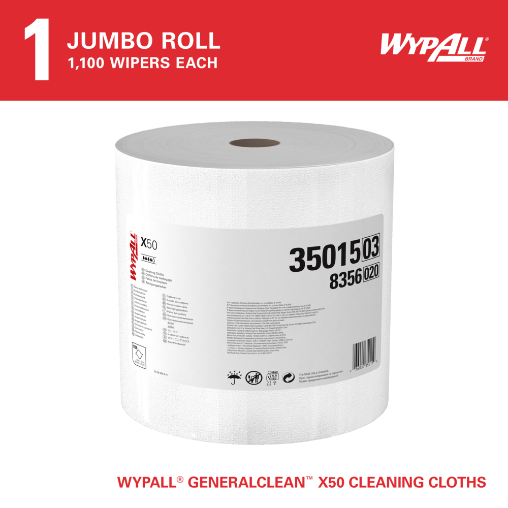 WypAll® GeneralClean™ X50 Cleaning Cloths (35015), Jumbo Roll, Strong for Extended Use, White (1,100 Sheets/Roll, 1 Rolls/Case, 1,100 Sheets/Case) - 35015