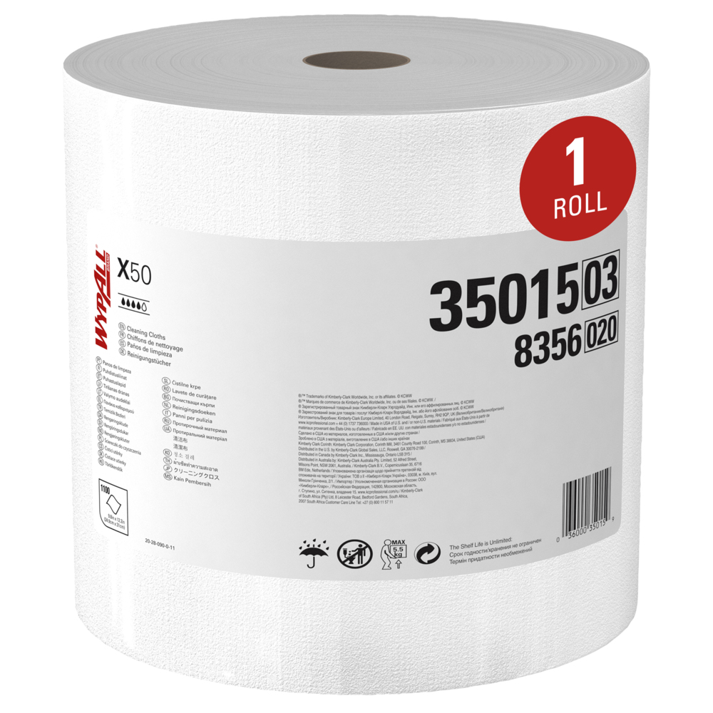 Chiffons de nettoyage WypAll® GeneralClean™ X50 (35015), rouleau géant, résistants pour une utilisation prolongée, blanc (1 100 feuilles/rouleau, 1 rouleau/caisse, 1 100 feuilles/caisse) - 35015