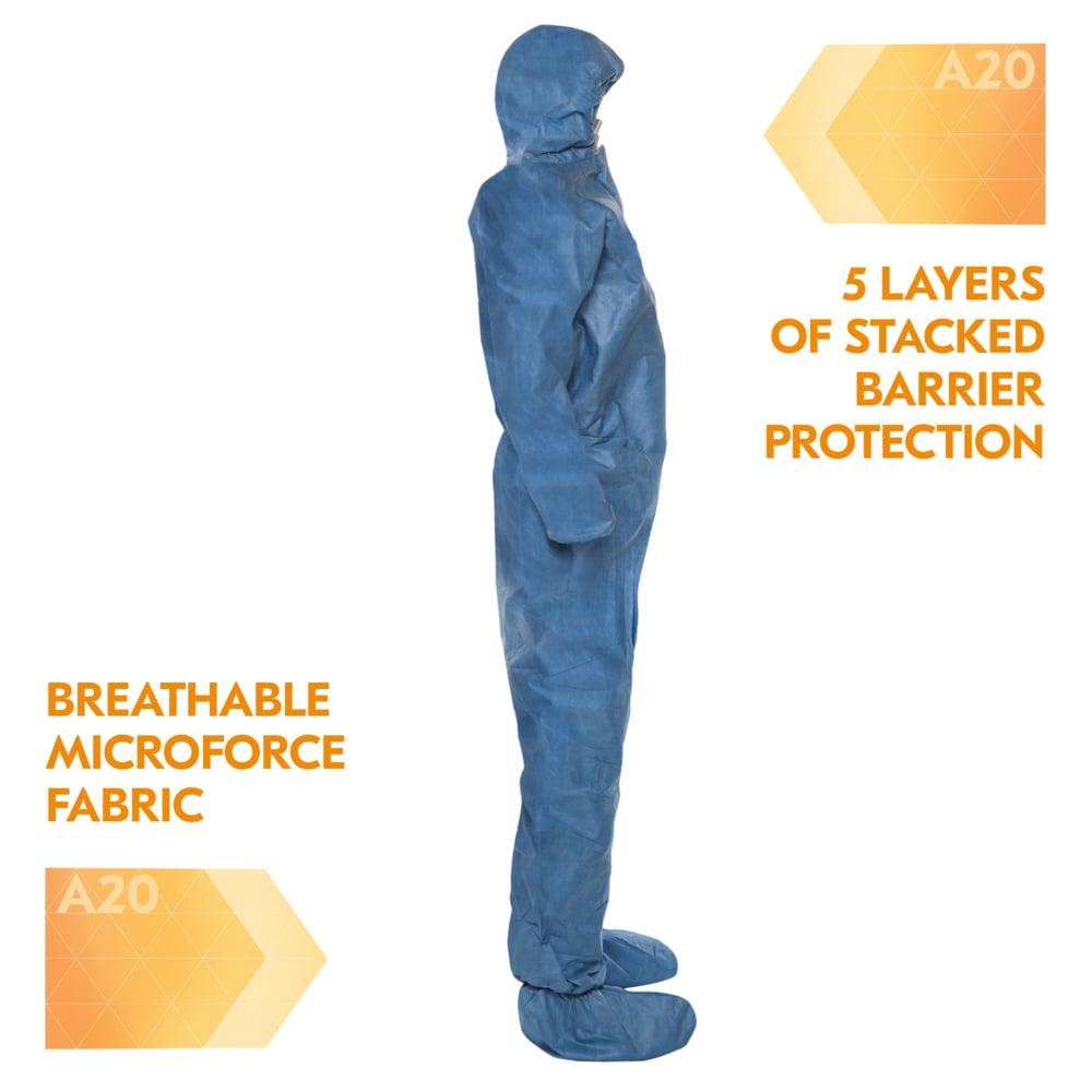 KleenGuard™ A20 Breathable Particle Protection Coveralls (30910), Zipper Front, Elastic Back, Wrists, Ankles, Hood & Boots, Blue, Reflex Design, 5XL (Qty 20) - 30910