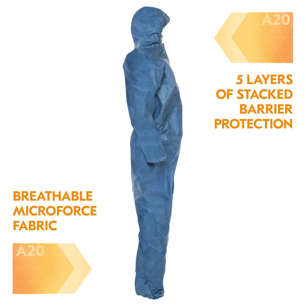 KleenGuard™ A20 Breathable Particle Protection Coveralls (30953), Zipper Front, Elastic Back, Wrists, Ankles & Hood, Blue, Reflex Design, 5XL (Qty 20) - 30953