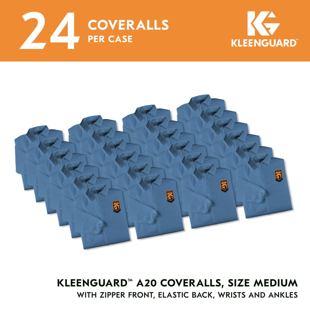 KleenGuard™ A20 Breathable Particle Protection Coveralls (58502), Zipper Front, Elastic Back, Wrists & Ankles, Blue, Reflex Design, Medium (Qty 24) - 58502