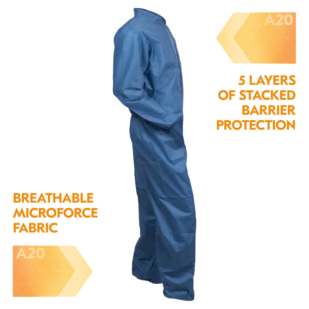 KleenGuard™ A20 Breathable Particle Protection Coveralls (58502), Zipper Front, Elastic Back, Wrists & Ankles, Blue, Reflex Design, Medium (Qty 24) - 58502