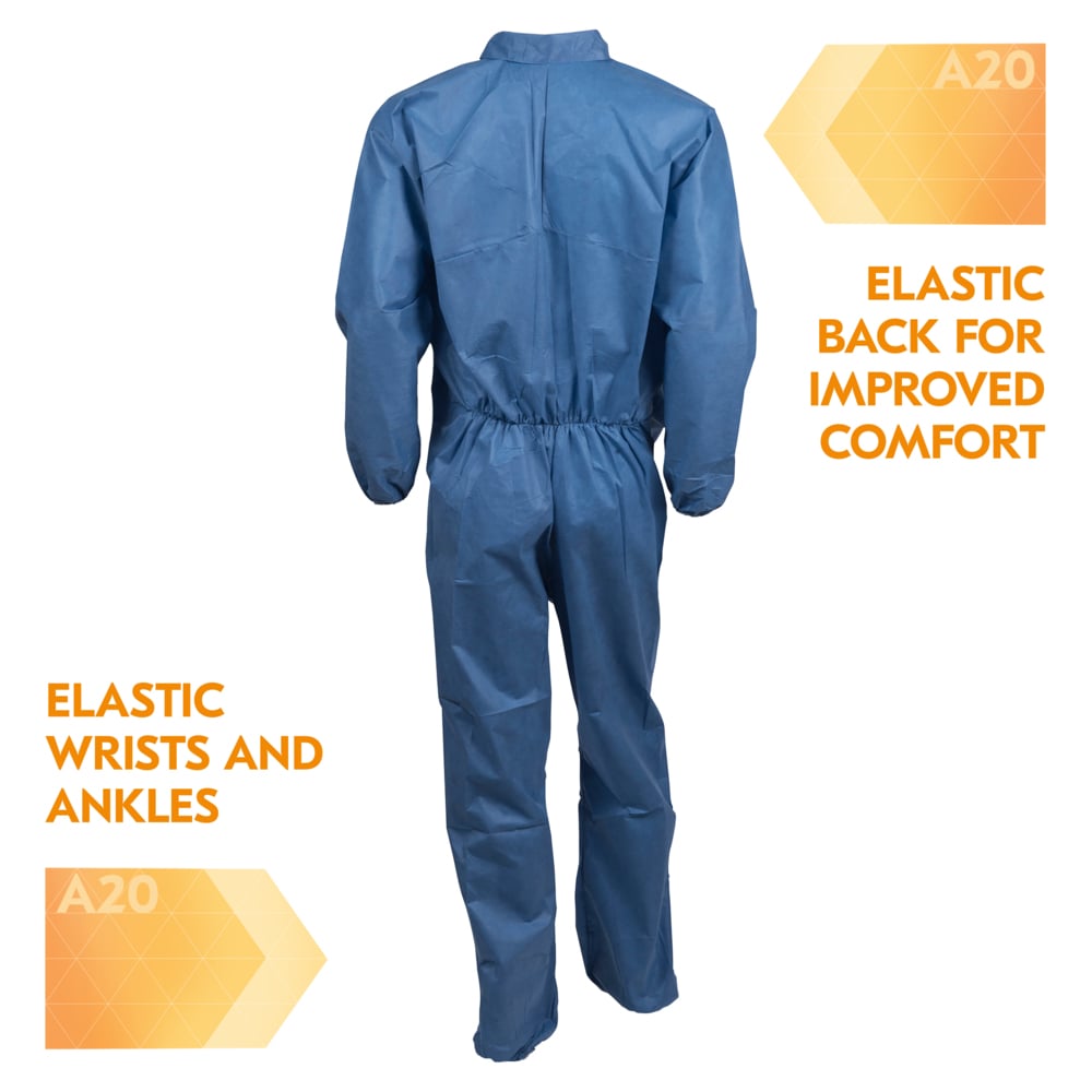 KleenGuard™ A20 Breathable Particle Protection Coveralls (58502), Zipper Front, Elastic Back, Wrists & Ankles, Blue, Reflex Design, Medium (Qty 24) - 58502