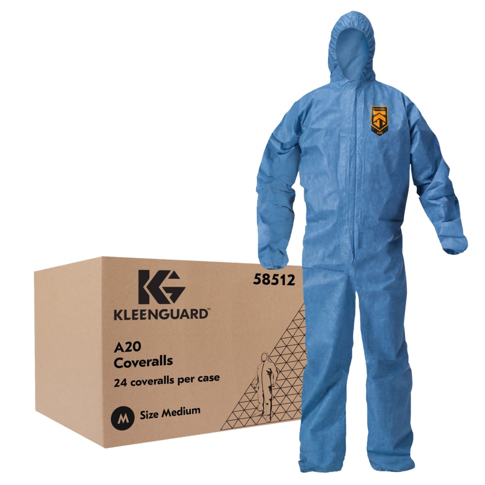 Combinaison de protection contre les particules perméables à l’air KleenGuard™ A20 (58512), fermeture éclair à l’avant, capuchon, bande élastique à l’arrière, aux poignets et aux chevilles, avec capuchon, bleue, conception Reflex, moyenne (qté 24) - 58512