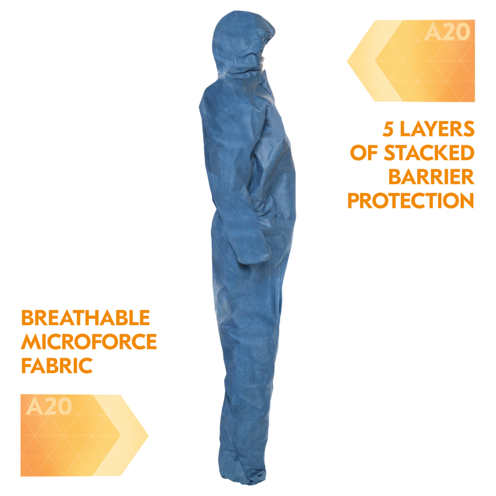 KleenGuard™ A20 Breathable Particle Protection Coveralls (58512), Zipper Front, Elastic Back, Wrists, Ankles & Hood, Blue, Reflex Design, Medium (Qty 24) - 58512