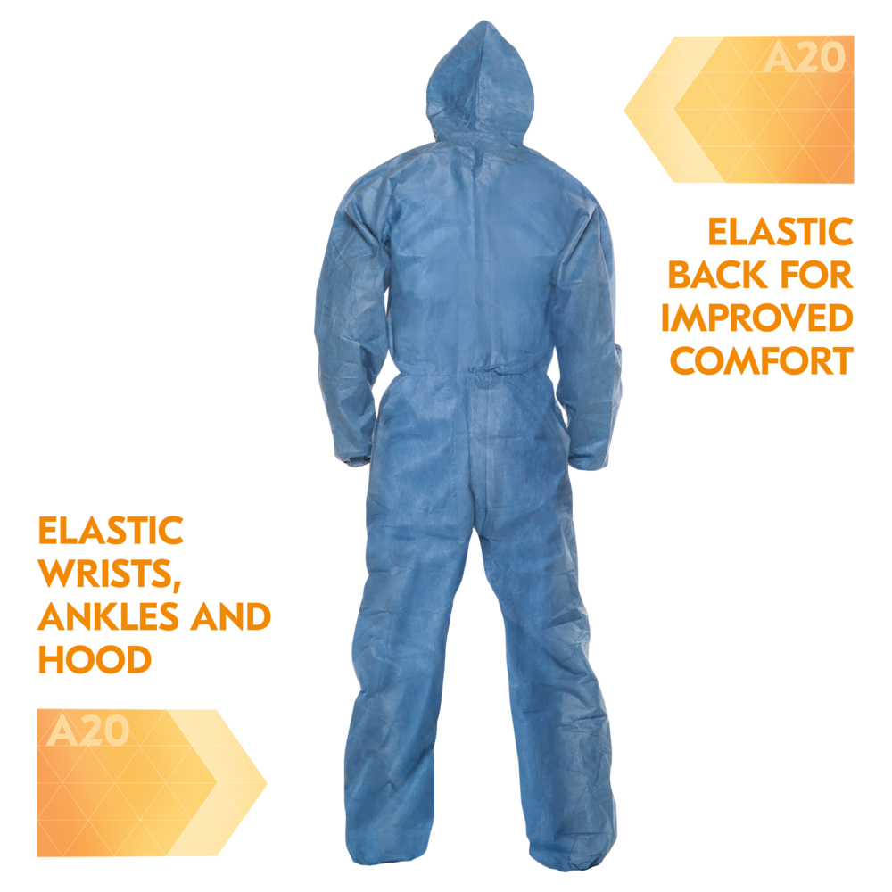 KleenGuard™ A20 Breathable Particle Protection Coveralls (58512), Zipper Front, Elastic Back, Wrists, Ankles & Hood, Blue, Reflex Design, Medium (Qty 24) - 58512