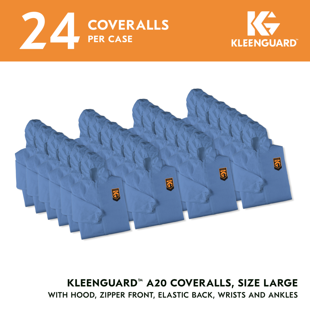 KleenGuard™ A20 Breathable Particle Protection Coveralls (58513), Zipper Front, Elastic Back, Wrists, Ankles & Hood, Blue, Reflex Design, Large (Qty 24) - 58513