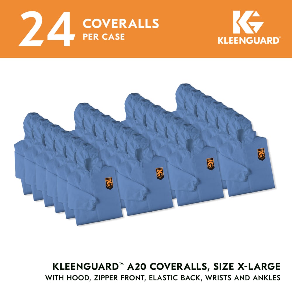 KleenGuard™ A20 Breathable Particle Protection Coveralls (58514), Zipper Front, Elastic Back, Wrists, Ankles & Hood, Blue, Reflex Design, XL (Qty 24) - 58514