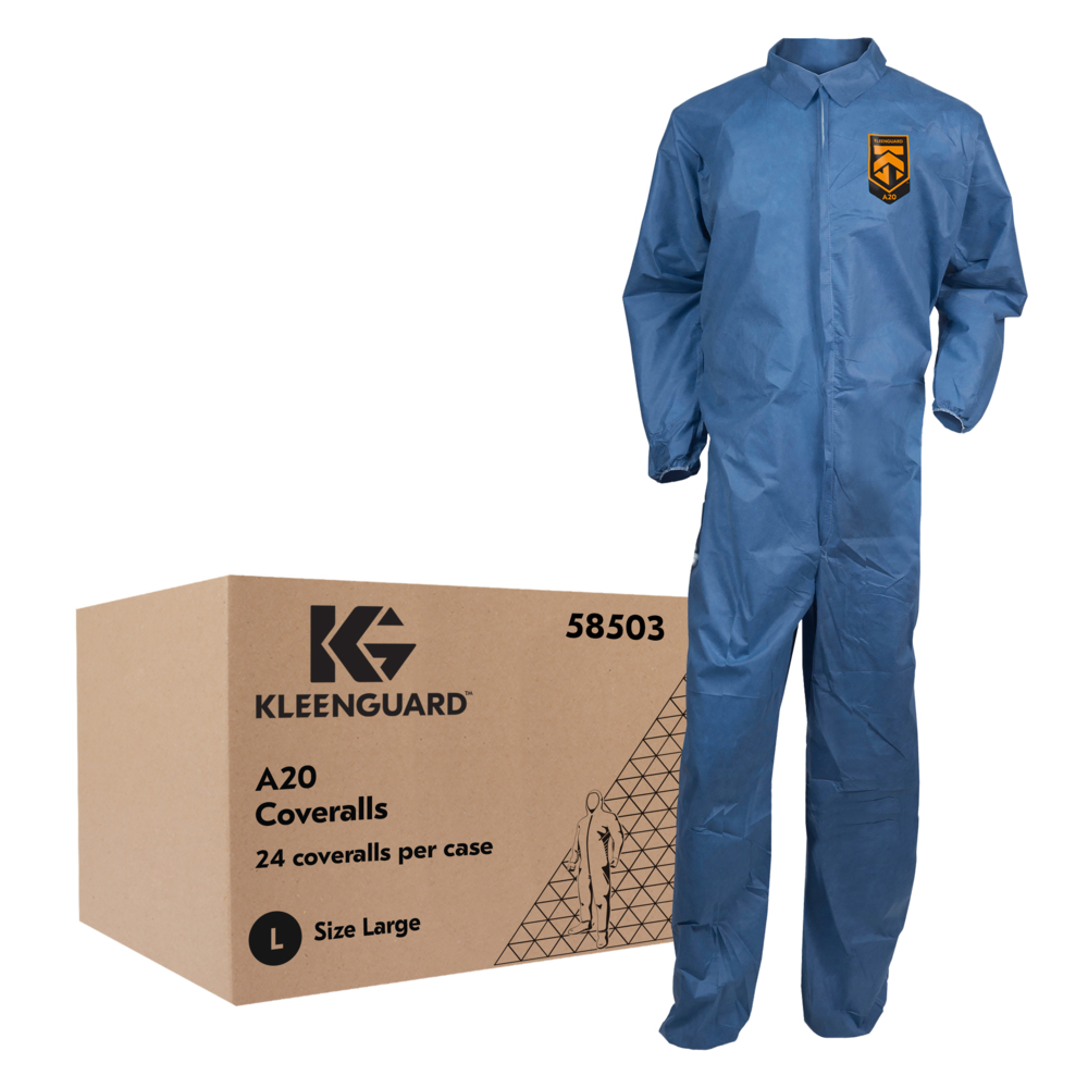 KleenGuard™ A20 Breathable Particle Protection Coveralls (58503), Zipper Front, Elastic Back, Wrists & Ankles, Blue, Reflex Design, Large (Qty 24) - 58503