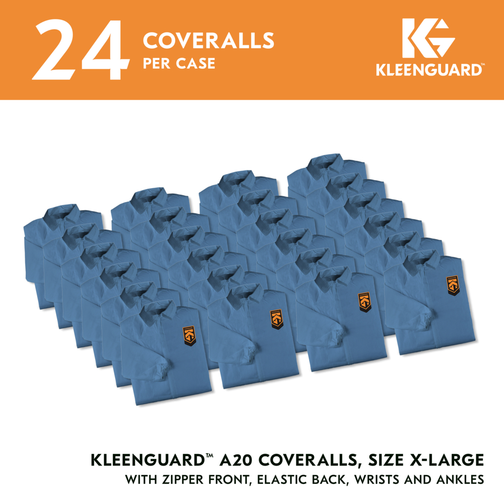 KleenGuard™ A20 Breathable Particle Protection Coveralls (58504), Zipper Front, Elastic Back, Wrists & Ankles, Blue, Reflex Design, XL (Qty 24) - 58504