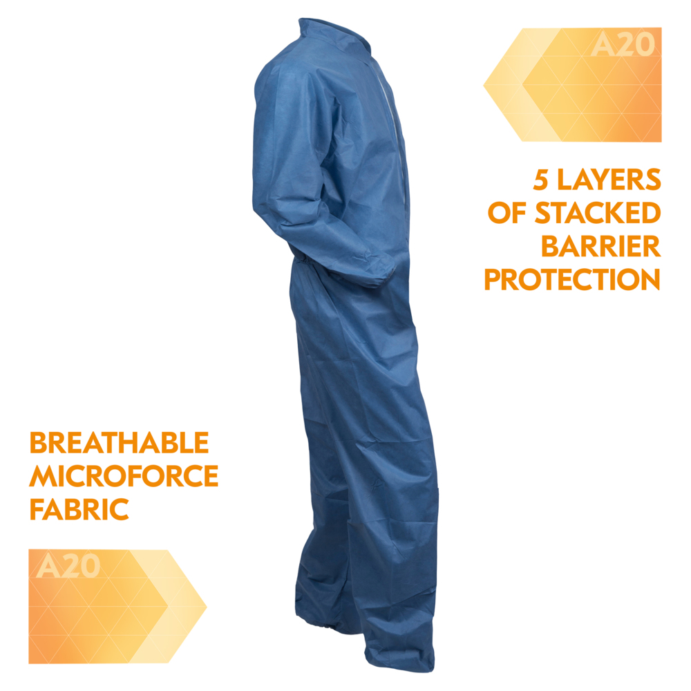 KleenGuard™ A20 Breathable Particle Protection Coveralls (58504), Zipper Front, Elastic Back, Wrists & Ankles, Blue, Reflex Design, XL (Qty 24) - 58504