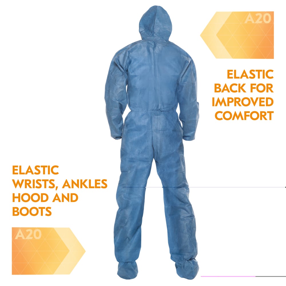 KleenGuard™ A20 Breathable Particle Protection Coveralls (58524), Zipper Front, Elastic Back, Wrists, Ankles, Hood & Boots, Blue, Reflex Design, XL (Qty 24) - 58524