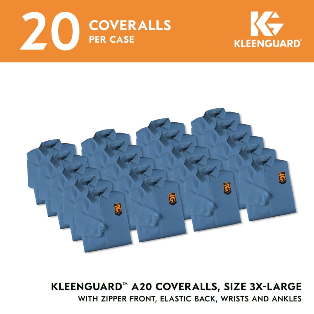 KleenGuard™ A20 Breathable Particle Protection Coveralls (58506), Zipper Front, Elastic Back, Wrists & Ankles, Blue, Reflex Design, 3XL (Qty 20) - 58506