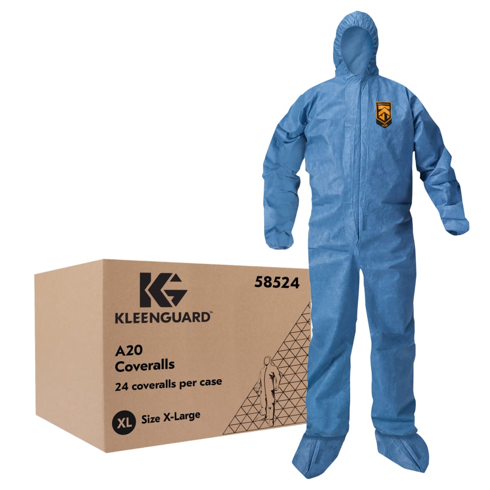 KleenGuard™ A20 Breathable Particle Protection Coveralls (58524), Zipper Front, Elastic Back, Wrists, Ankles, Hood & Boots, Blue, Reflex Design, XL (Qty 24) - 58524