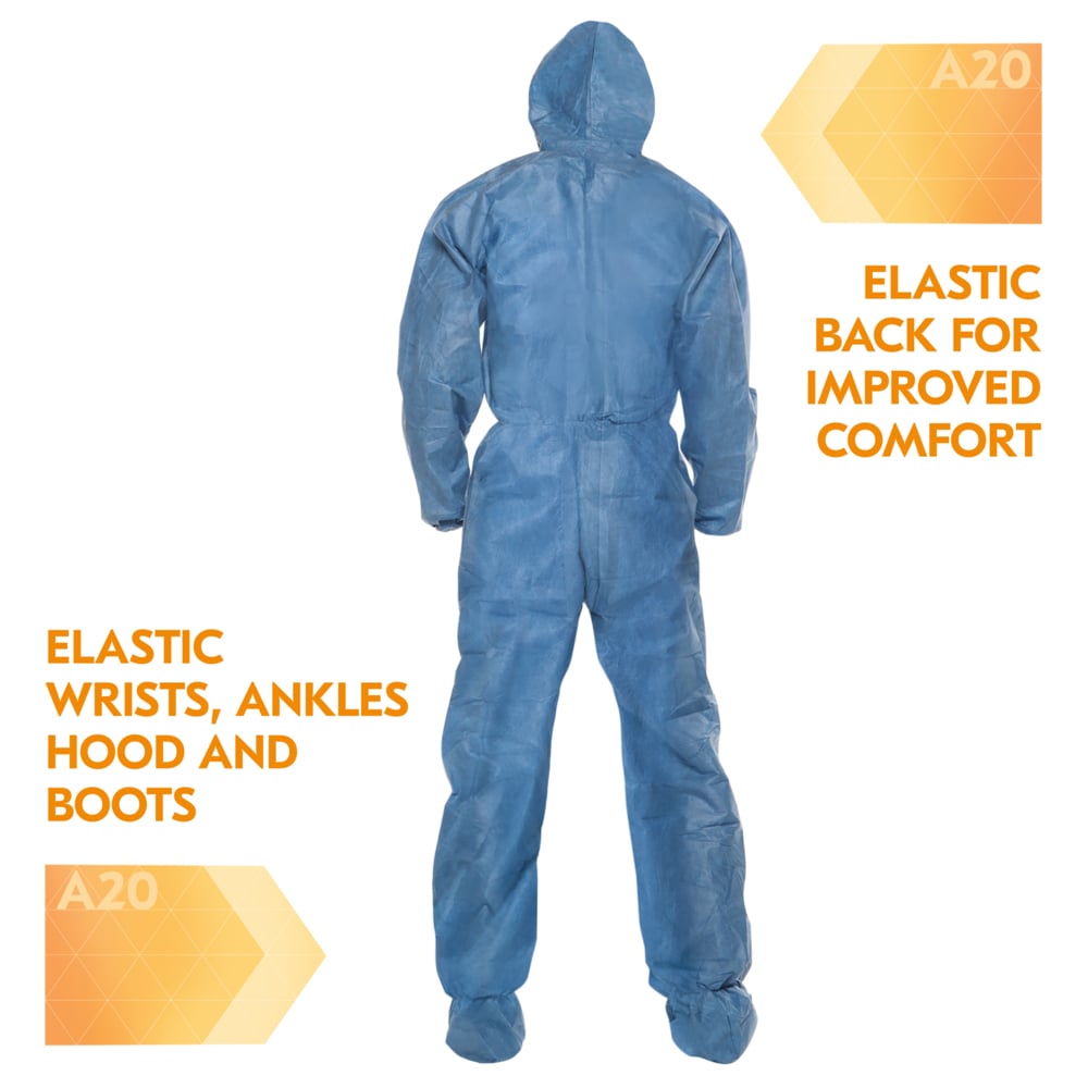 KleenGuard™ A20 Breathable Particle Protection Coveralls (58527), Zipper Front, Elastic Back, Wrists, Ankles, Hood & Boots, Blue, Reflex Design, 4XL (Qty 20) - 58527