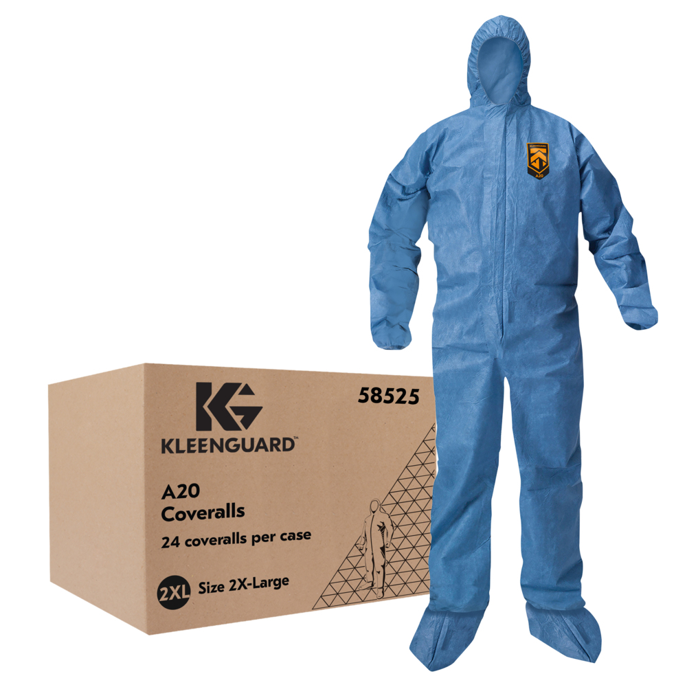 Combinaison de protection contre les particules perméables à l’air KleenGuard™ A20 (58525), fermeture éclair à l’avant, bande élastique à l’arrière, aux poignets et aux chevilles, avec capuchon et bottes, bleue, conception Reflex, 2TG (qté 24) - 58525