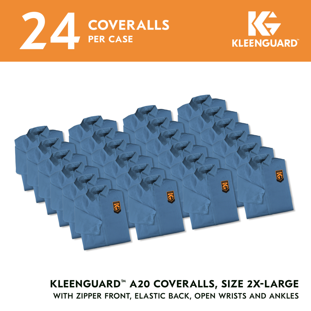 KleenGuard™ A20 Breathable Particle Protection Coveralls (58535), Zipper Front, Blue, Reflex Design, 2XL (Qty 24) - 58535