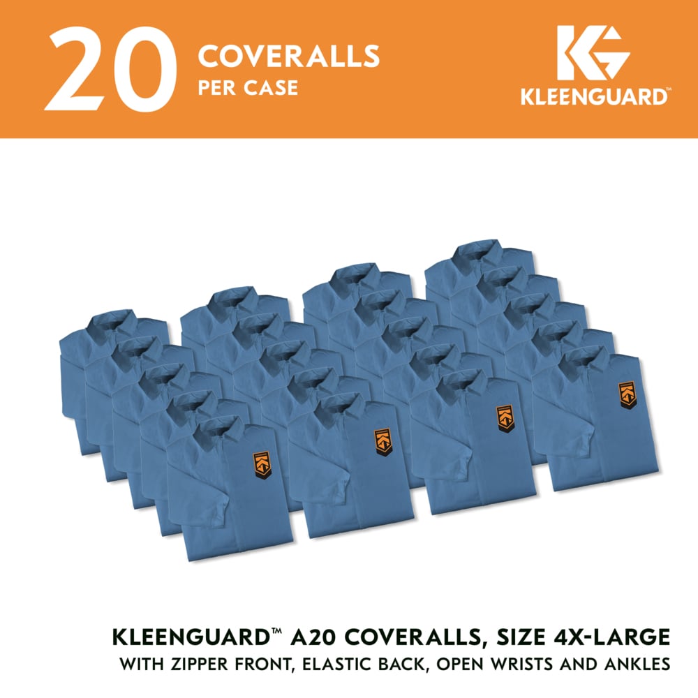 KleenGuard™ A20 Breathable Particle Protection Coveralls (58537), Zipper Front, Blue, Reflex Design, 4XL (Qty 20) - 58537