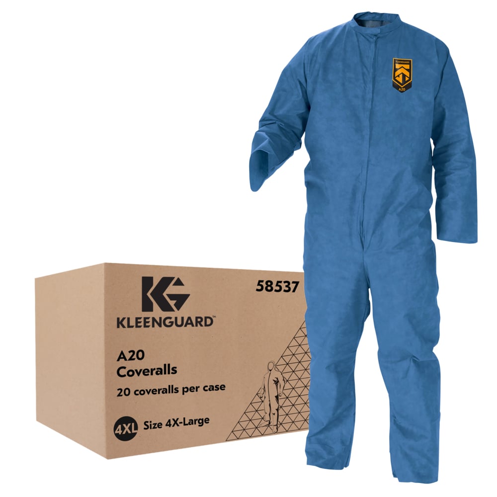 KleenGuard™ A20 Breathable Particle Protection Coveralls (58537), Zipper Front, Blue, Reflex Design, 4XL (Qty 20) - 58537