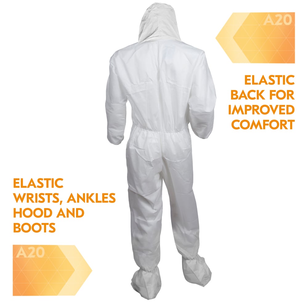 KleenGuard™ A20 Breathable Particle Protection Coveralls (27258), Zipper Front, Elastic Back, Wrists, Ankles, Hood & Boots, White, Reflex Design, 5XL (Qty 20) - 27258