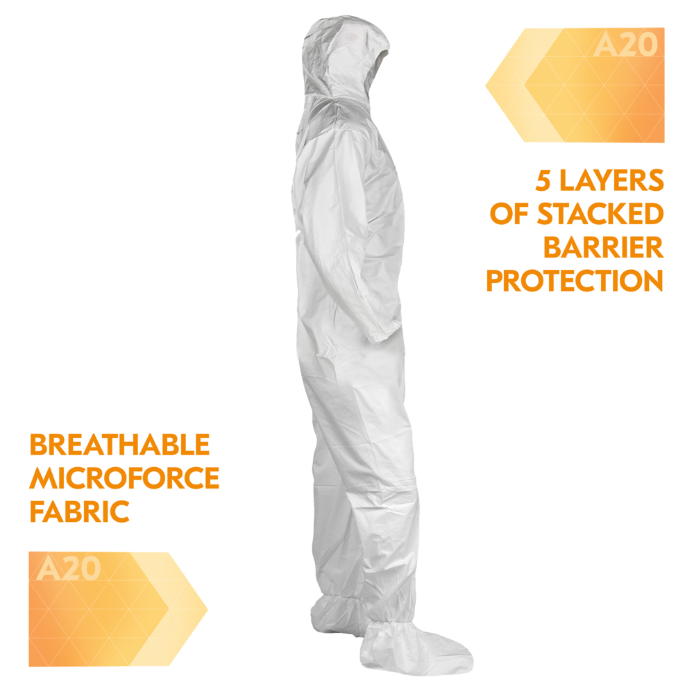 KleenGuard™ A20 Breathable Particle Protection Coveralls (27258), Zipper Front, Elastic Back, Wrists, Ankles, Hood & Boots, White, Reflex Design, 5XL (Qty 20) - 27258