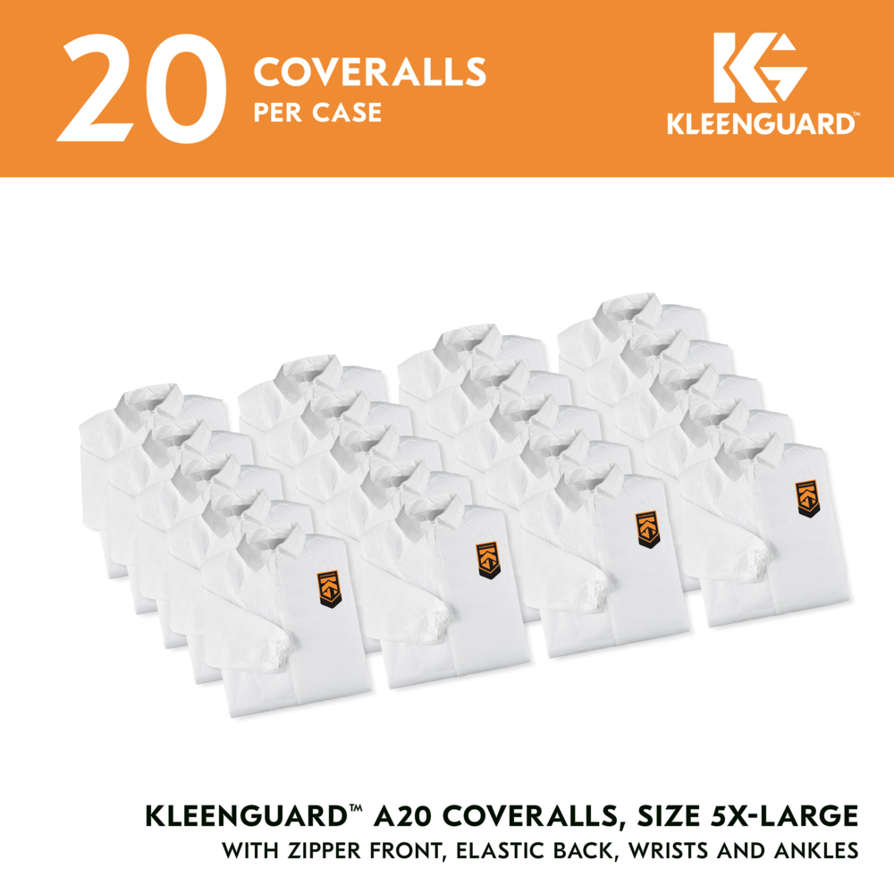 KleenGuard™ A20 Breathable Particle Protection Coveralls (30920), Zipper Front, Elastic Back, Wrists & Ankles, White, Reflex Design, 5XL (Qty 20) - 30920