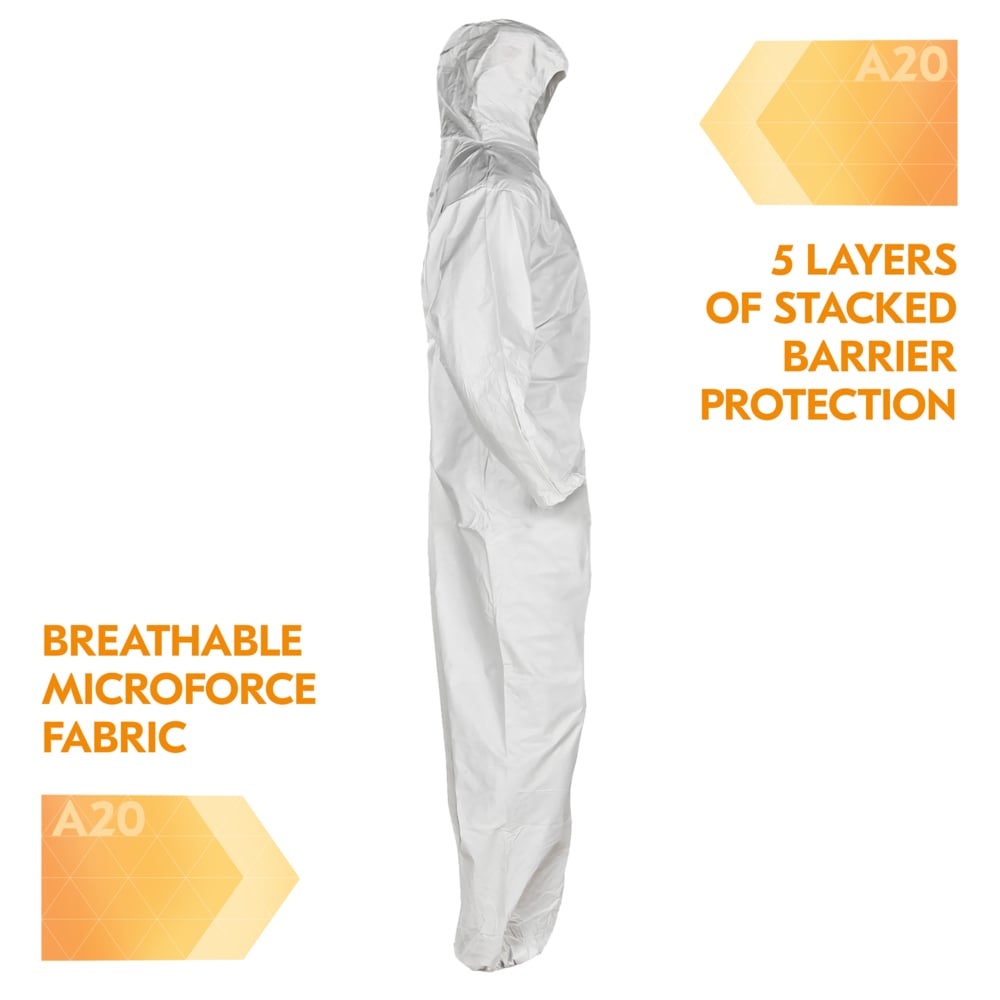 KleenGuard™ A20 Breathable Particle Protection Coveralls (30924), Zipper Front, Elastic Back, Wrists, Ankles & Hood, White, Reflex Design, 5XL (Qty 20) - 30924