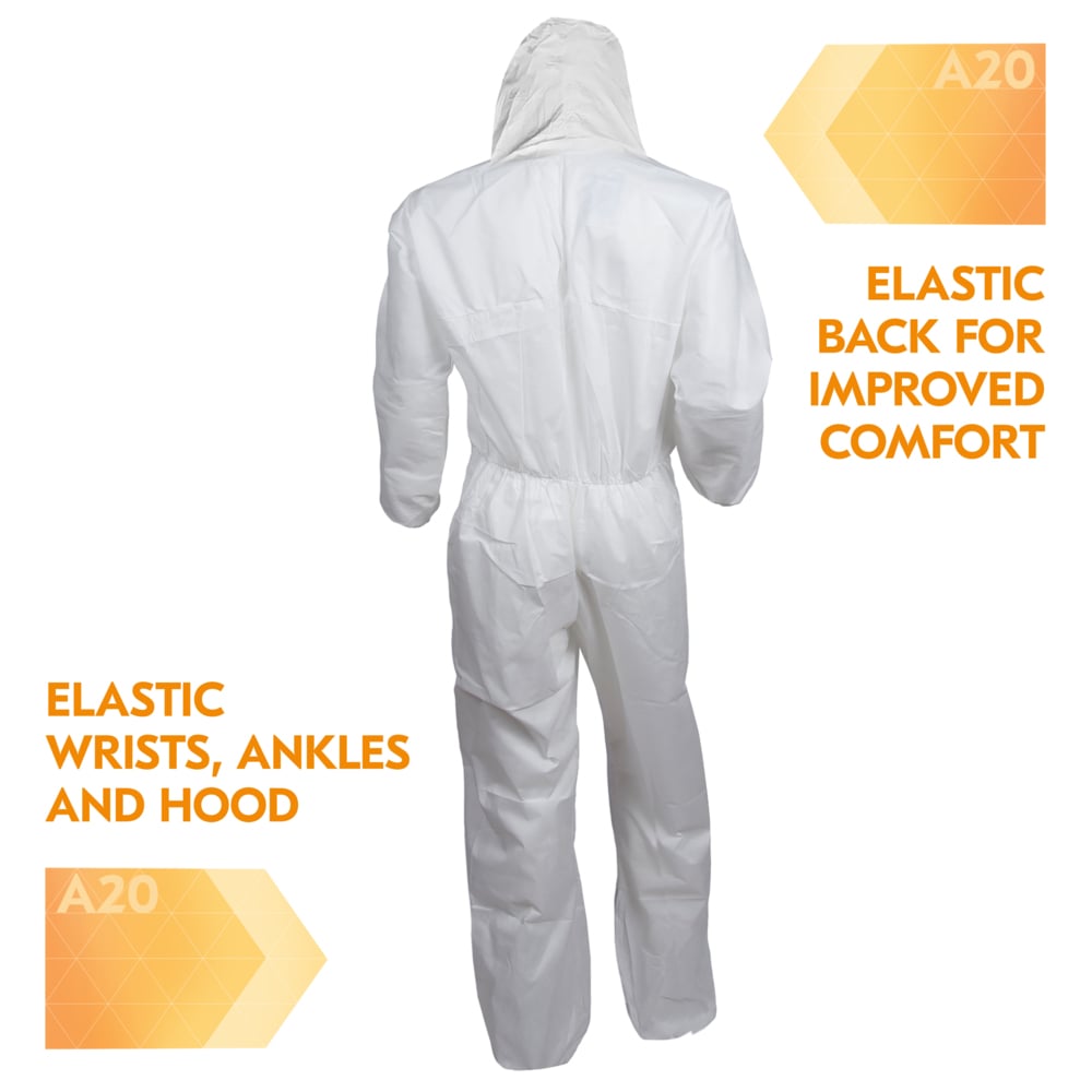 KleenGuard™ A20 Breathable Particle Protection Coveralls (30924), Zipper Front, Elastic Back, Wrists, Ankles & Hood, White, Reflex Design, 5XL (Qty 20) - 30924