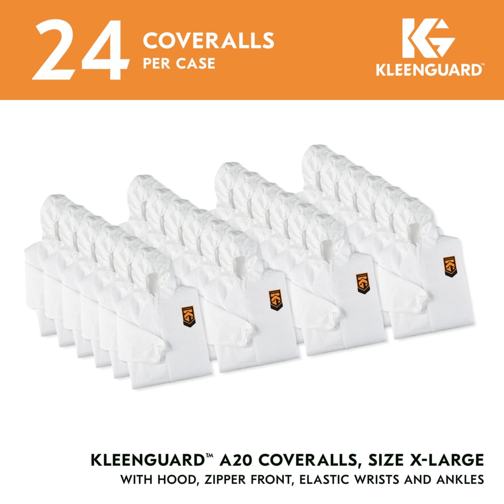 KleenGuard™ A20 Breathable Particle Protection Coveralls (41169), Zipper Front, Elastic Back, Wrists, Ankles & Hood, White, Reflex Design, XL (Qty 24) - 41169