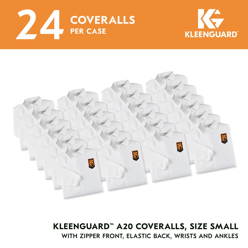 KleenGuard™ A20 Breathable Particle Protection Coveralls (35810), Zipper Front, Elastic Back, Wrists & Ankles, White, Reflex Design, Small (Qty 24) - 35810