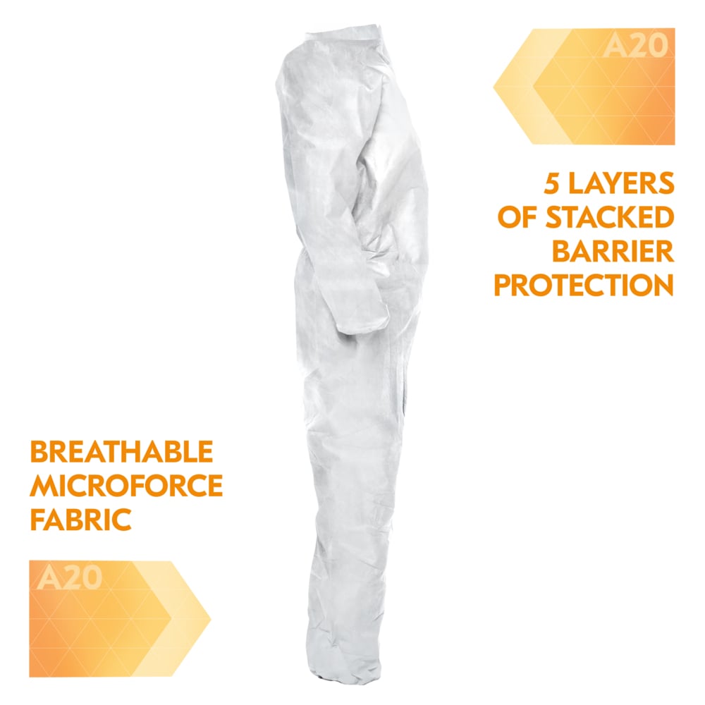 KleenGuard™ A20 Breathable Particle Protection Coveralls (35810), Zipper Front, Elastic Back, Wrists & Ankles, White, Reflex Design, Small (Qty 24) - 35810