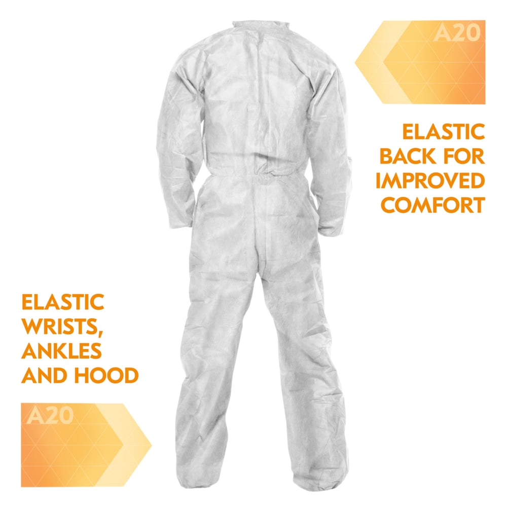 KleenGuard™ A20 Breathable Particle Protection Coveralls (35810), Zipper Front, Elastic Back, Wrists & Ankles, White, Reflex Design, Small (Qty 24) - 35810