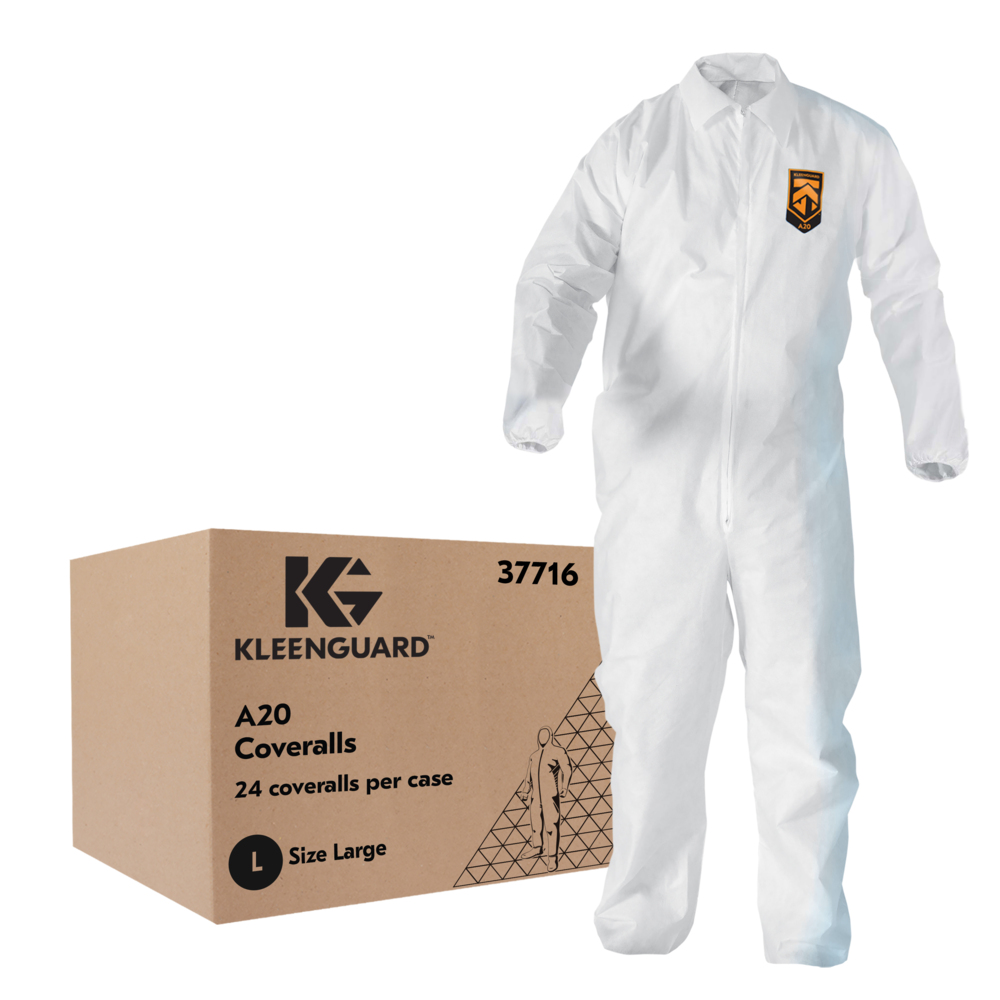 KleenGuard™ A20 Breathable Particle Protection Coveralls (37716), Zipper Front, Elastic Back, Wrists & Ankles, White, Reflex Design, Large (Qty 24) - 37716