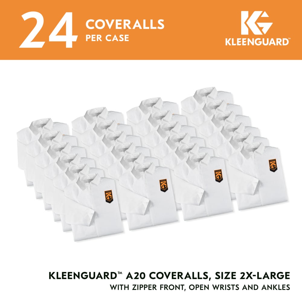 KleenGuard™ A20 Breathable Particle Protection Coveralls (49005), Zipper Front, White, Reflex Design, 2XL (Qty 24) - 49005