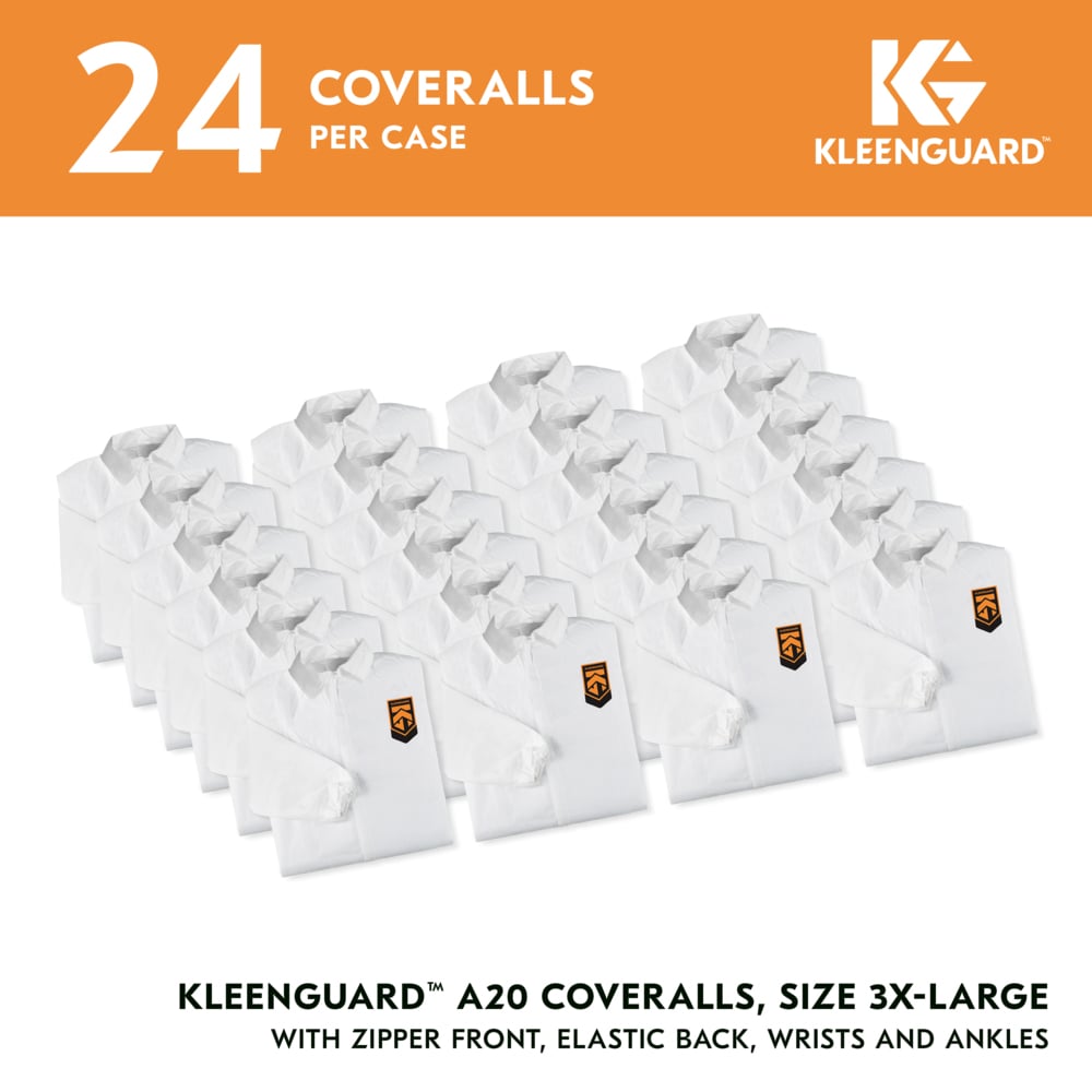 KleenGuard™ A20 Breathable Particle Protection Coveralls (37719), Zipper Front, Elastic Back, Wrists & Ankles, White, Reflex Design, 3XL (Qty 24) - 37719