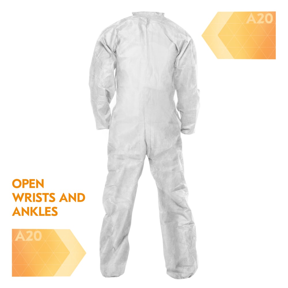 KleenGuard™ A20 Breathable Particle Protection Coveralls (49007), Zipper Front, White, Reflex Design, 4XL (Qty 20) - 49007