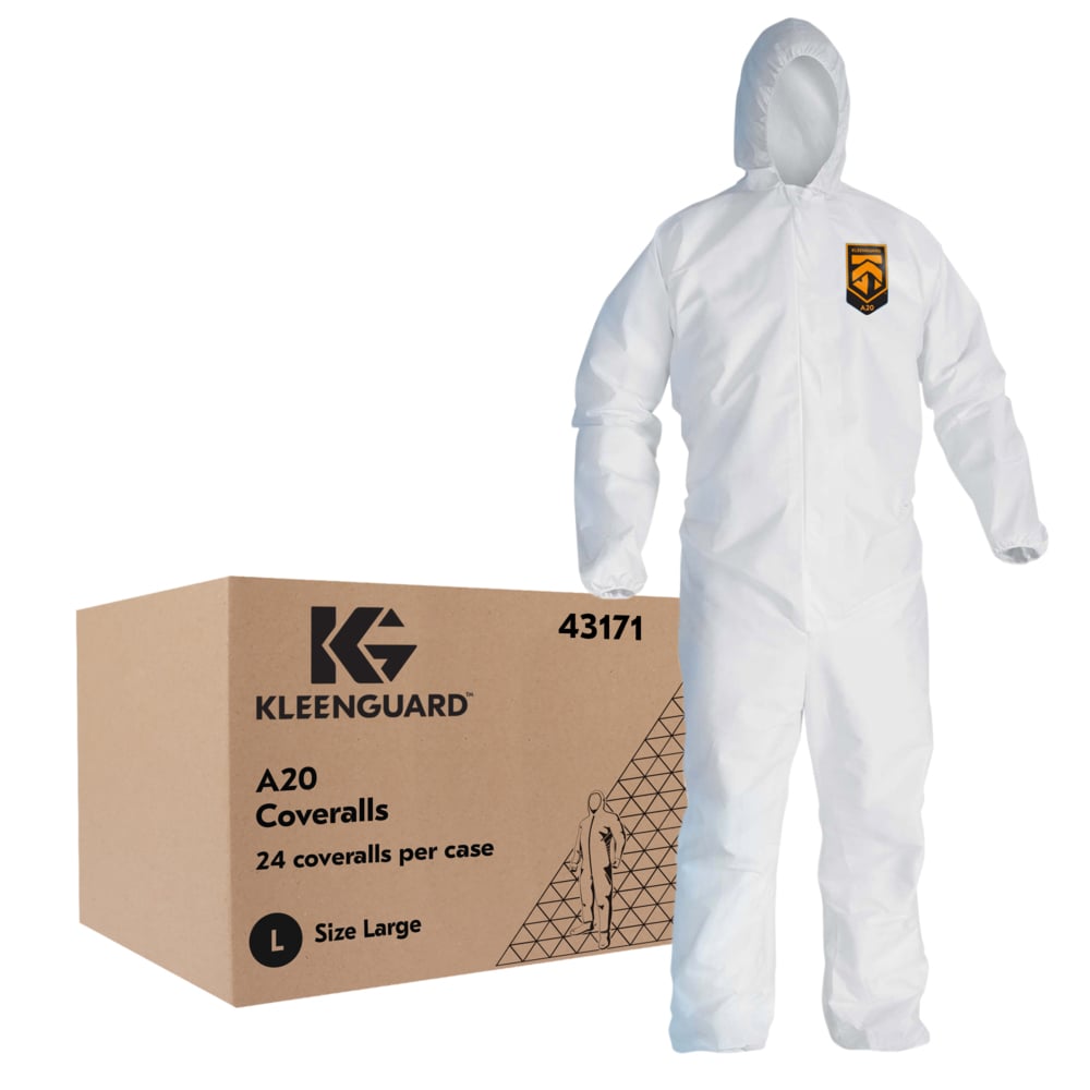 Combinaison de protection contre les particules perméables à l’air KleenGuard™ A20 (43171), fermeture éclair à l’avant, bande élastique à l’arrière, aux poignets et aux chevilles, avec capuchon, blanche, conception Reflex, grande (qté 24) - 43171