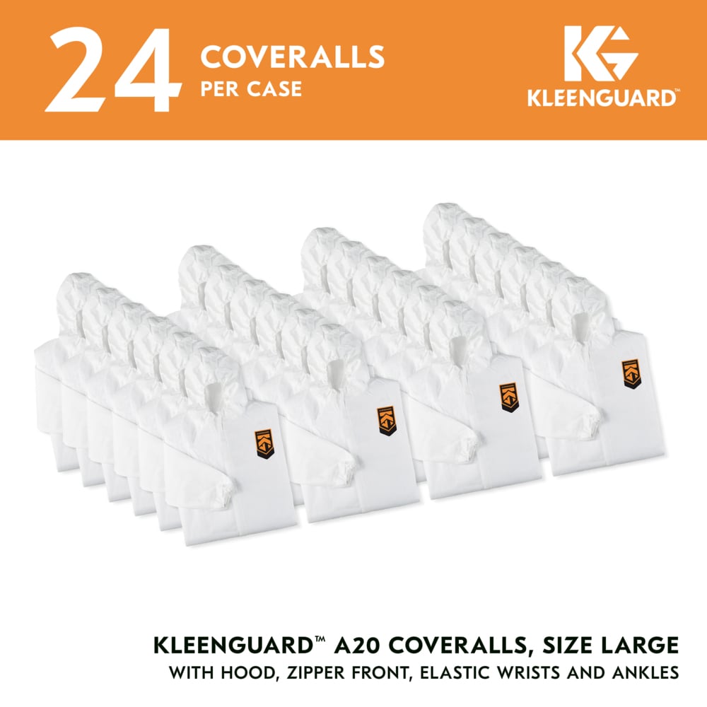 KleenGuard™ A20 Breathable Particle Protection Coveralls (43171), Zipper Front, Elastic Back, Wrists, Ankles & Hood, White, Reflex Design, Large (Qty 24) - 43171