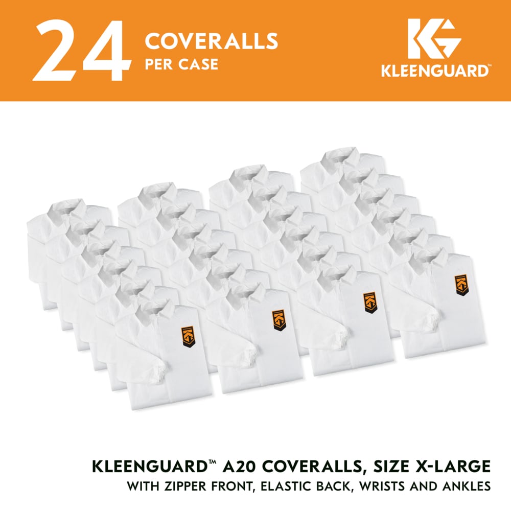 KleenGuard™ A20 Breathable Particle Protection Coveralls (49105), Zipper Front, Elastic Back, Wrists & Ankles, White, Reflex Design, 2XL (Qty 24) - 49105