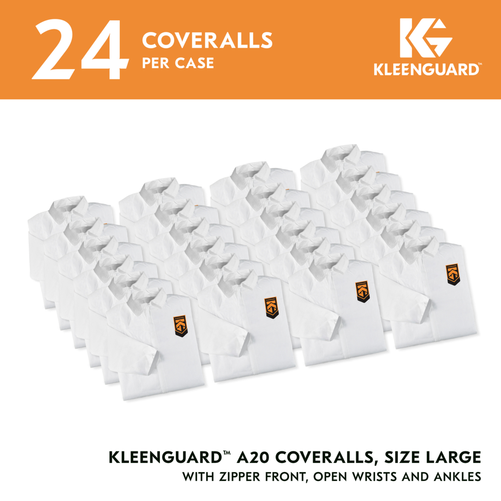 KleenGuard™ A20 Breathable Particle Protection Coveralls (49003), Zipper Front, White, Reflex Design, Large (Qty 24) - 49003