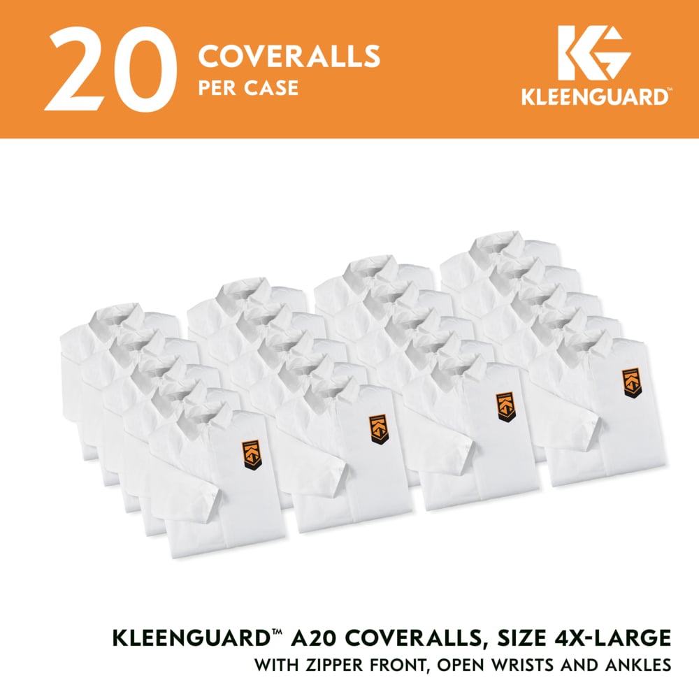 KleenGuard™ A20 Breathable Particle Protection Coveralls (49007), Zipper Front, White, Reflex Design, 4XL (Qty 20) - 49007