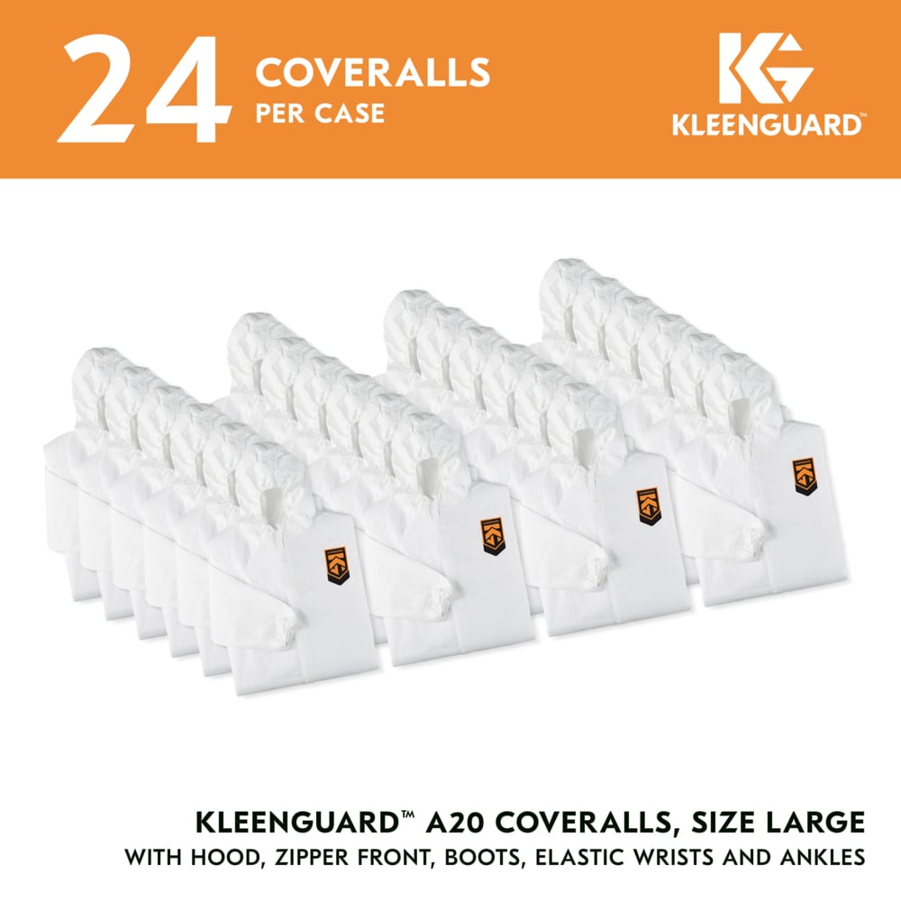 KleenGuard™ A20 Breathable Particle Protection Coveralls (49123), Zipper Front, Elastic Back, Wrists, Ankles, Hood & Boots, White, Reflex Design, Large (Qty 24) - 49123